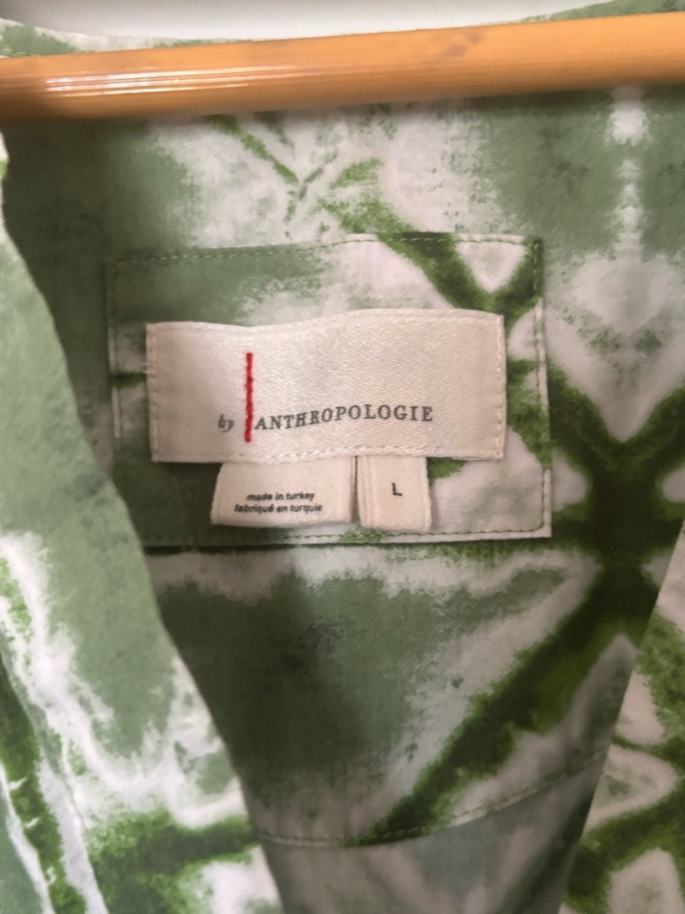 Anthropologie Green & White Tie Dye Style Peplum Printed Top Size L - Picture 3 of 5